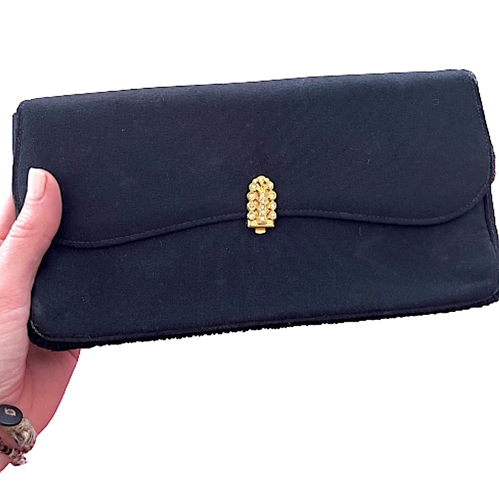 Vintage RARE Mid Century Garay Black Evening Belt Bag or Clutch foldover dressy